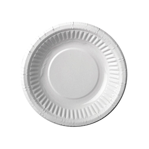 Pyöreä, valkoinen PAPSTAR kulho (19 cm Ø, 3 cm korkea) PAPSTAR GmbH:ltä, kuvattuna ylhäältä valkoisella taustalla - ihanteellinen juhliin tai piknikille. Pakkaus sisältää 12 ympäristöystävällistä kulhoa kutistekalvossa.