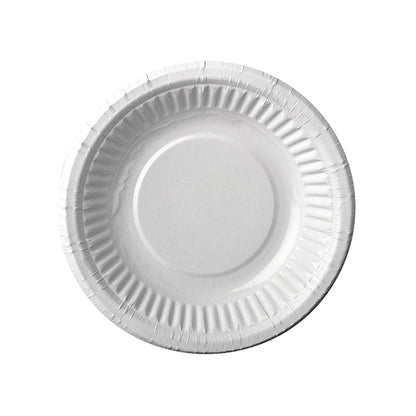 Pyöreä, valkoinen PAPSTAR kulho (19 cm Ø, 3 cm korkea) PAPSTAR GmbH:ltä, kuvattuna ylhäältä valkoisella taustalla - ihanteellinen juhliin tai piknikille. Pakkaus sisältää 12 ympäristöystävällistä kulhoa kutistekalvossa.