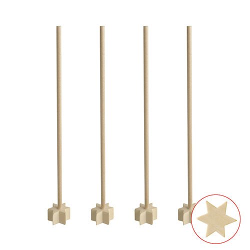 Valkoisella taustalla on neljä PAPSTAR 17 cm puista cocktail-murskainta ”pure”, jotka ovat peräisin PAPSTAR GmbH:sta ja joilla on tyypillinen tähtimäinen jalusta, jonka lähikuva on esitetty pienenä ympyränä oikeassa alakulmassa.