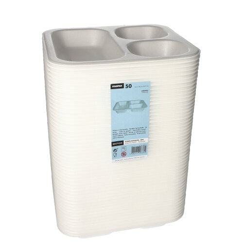 Pino Starpak 50 sinetöityjä lautasta – valkoisia, laminoituja XPS-astioita, joissa on kolme lokeroa (4,2 x 24,5 x 26,5 cm), käärittynä läpinäkyvään muovikalvoon ja varustettuna sinisellä etiketillä – ihanteellisia ravintola- ja elintarvikepakkauksiin.