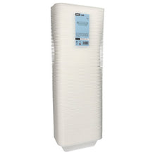 Abgebildet ist ein hoher Stapel Starpak 100 Siegelschalen, XPS weiss laminiert, in Plastikfolie mit blauem Frontetikett mit Produktinformationen – ideal für den Einsatz in der Gastronomie.