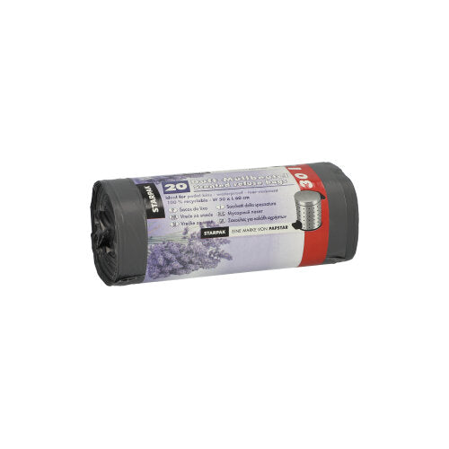 Yksi rulla Starpak 20 LDPE-jätesäkkiä, harmaa laventelintuoksulla (30 l, 60x50 cm), sisältää 20 tuoksupussia per pakkaus. Etiketti näyttää tuotetiedot sekä laventelikuvan.