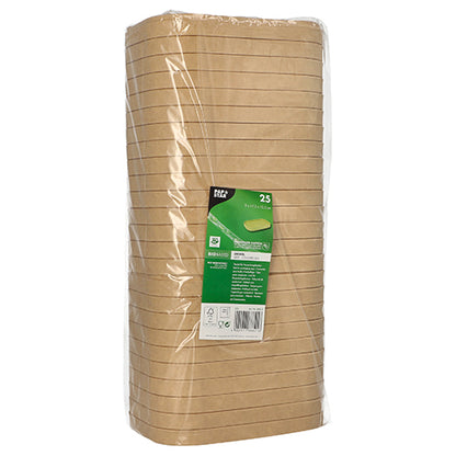 Läpinäkyvään kalvoon pakattu pino ruskeita PAPSTAR kansia pakkauskupeille, suorakaiteen muotoinen (2x17,3x12,3 cm, 25 kappaletta), vihreä-valkoisella PAPSTAR GmbH:n etiketillä, jossa on tuotetiedot etupuolella.