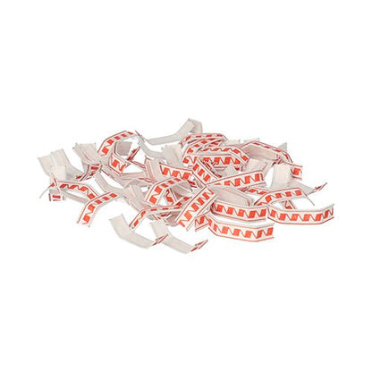 Pino Starpak 1000 sulkijaklipsiä lankavahvistetusta paperista punaisena/valkoisena (3,3 x 0,8 x 0,1 cm) muistuttaa siksak-kuviollaan rikottuja onnenkeksin lappuja ja on esitetty eristettynä valkoisella taustalla.