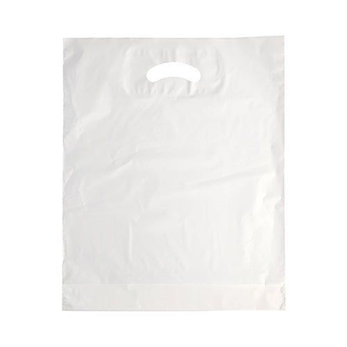Starpak 100 kahvakassit, HDPE valkoinen, ovat käyttämättömiä, valkoisia muovipusseja stanssatulla kahvalla. Tämä suorakulmainen Starpak-kassi tunnetaan kestävyydestään ja toiminnallisuudestaan ja on kuvattu valkoista taustaa vasten.