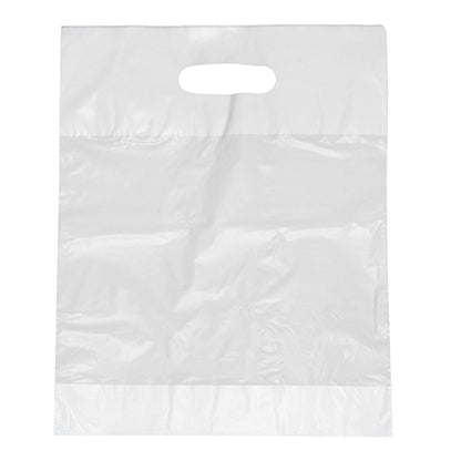 Starpak 100 kahvakassit, HDPE valkoinen Starpakilta ovat läpinäkyviä, kestäviä suorakulmaisia laukkuja, joissa on stanssattu kahva, kuvattuina tyhjillään yksinkertaista valkoista taustaa vasten.