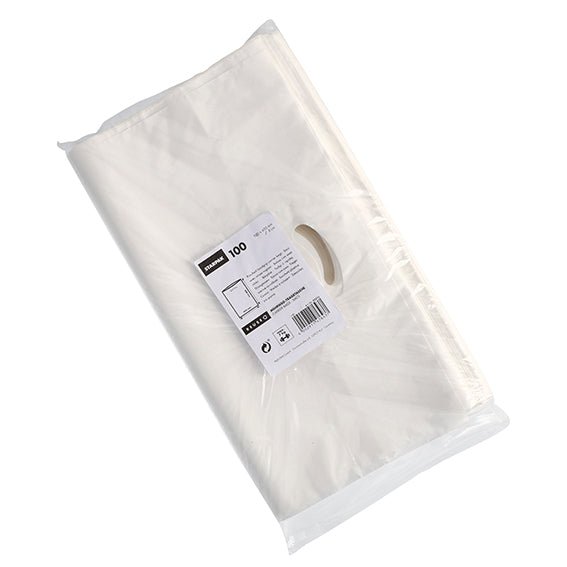 Läpinäkyvä muovipakkaus sisältää 100 valkoista Starpak kahvakassia HDPE-materiaalista. Kestävät laukut, kahva-aukko ja tuote-etiketti viivakoodilla ovat pakkauksen läpi näkyvissä. Merkki: Starpak.