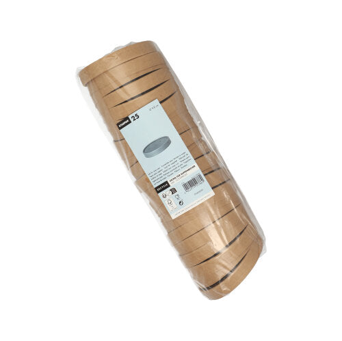 Pino 25 pyöreää Starpak-kantta keittokulhoille, jotka on kääritty muovikalvoon ja varustettu etiketillä, jossa on merkitty määrä ja käyttötarkoitus, esitetään valkoisella taustalla – ihanteellinen yhdistettäväksi Starpak-keittokulhoihin.