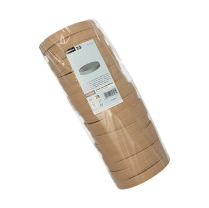 Läpinäkyvä pakkaus, jossa on 25 pyöreää, ruskeaa Starpak-paperikantta keittokulhoille, on tiiviisti pinottu. Pakkauksessa on valkoinen etiketti – täydellisesti sopiva Starpak keittokulhoon mukavaa tarjoilua varten.