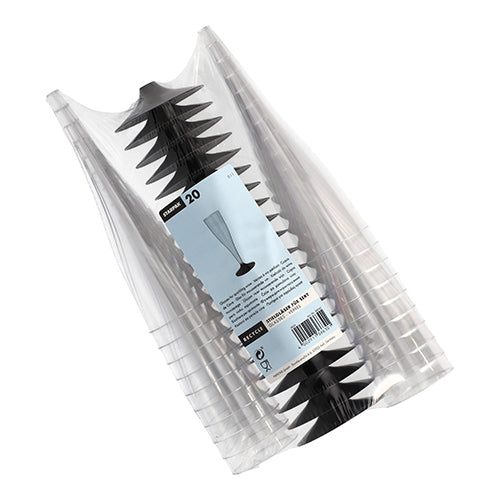 Eine durchsichtige Plastikpackung mit 20 hohen, schlanken Starpak-Stielgläsern für Weißwein (PS glasklar), gestapelt mit einem weißen Etikett mit Produktinformationen, Barcode und einem Diagramm eines eleganten Glases.