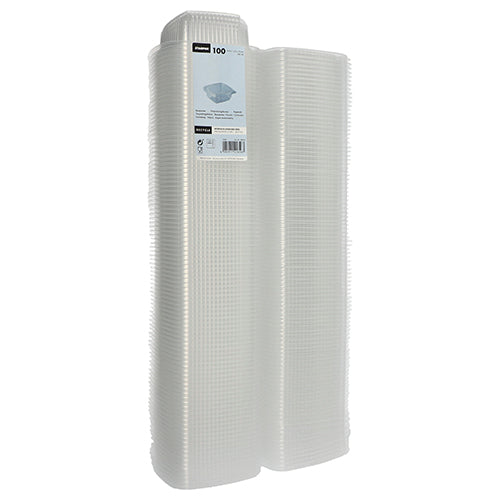 Eine Packung mit 100 transparenten, rechteckigen Starpak-Verpackungsbechern aus PP mit Klappdeckel steht aufrecht. Ein Starpak-Etikett auf der Oberseite zeigt Details zu diesen vielseitigen Bechern und deren Menge.