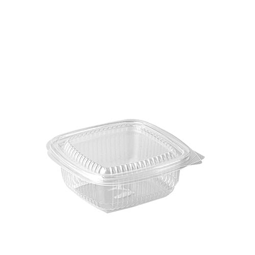 Starpak 100 -pakkauskuppi, jossa on kääntökannet, on läpinäkyvä, suorakaiteen muotoinen polypropeenista valmistettu take-away-astia, joka on suljettu yksinkertaisella valkoisella taustalla.