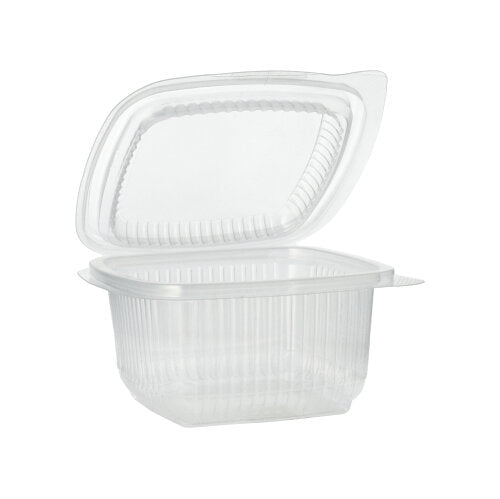 Der Starpak 100 Verpackungsbecher mit Klappdeckeln, PP rechteckig, transparent ist offen und leer vor einem schlichten weißen Hintergrund abgebildet.