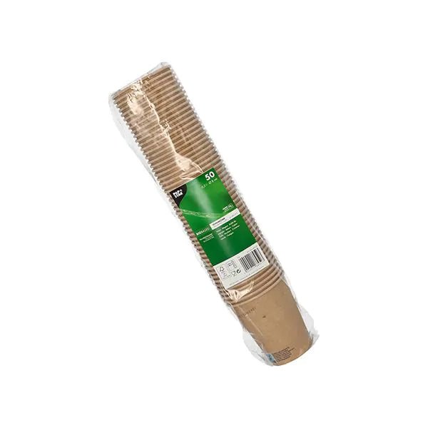 Läpinäkyvä muovipakkaus, jossa on 50 PAPSTAR GmbH:n juomakuppia, kartonkia 0,2 l, vihreällä etiketillä, jossa on tuotetiedot, yksinkertaisella valkoisella taustalla.