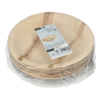 Pino pyöreitä, vaaleita Starpak-palmunlehtikertakäyttölautasia (Ø 23 cm, 500 ml, rPET-kannella), pakkaus kutistekalvossa (10 kappaletta), valkoinen tuotemerkki päällä.