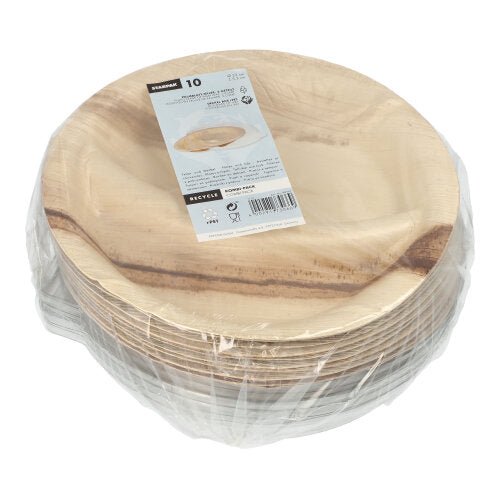 Kymmenen pyöreää, jaettua Starpak palmunlehtilautasta (300 ml, Ø 23 cm · 5,3 cm) rPET-kannella puun näköisenä. Ympäristöystävällinen yhdistelmäpakkaus on kääritty kalvoon ja varustettu tuote-etiketillä.