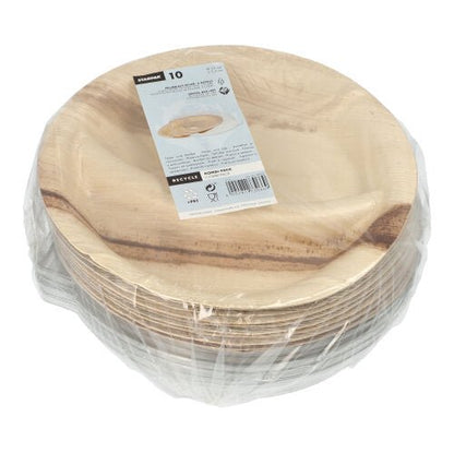 Kymmenen pyöreää, jaettua Starpak palmunlehtilautasta (300 ml, Ø 23 cm · 5,3 cm) rPET-kannella puun näköisenä. Ympäristöystävällinen yhdistelmäpakkaus on kääritty kalvoon ja varustettu tuote-etiketillä.