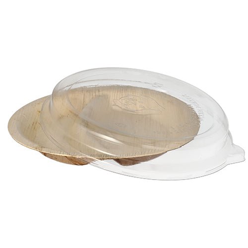 Starpak yhdistelmäpakkaus sisältää 10 palmunlehtilautasta, 2-osainen, 300 ml, Ø 23 cm · 5,3 cm kirkkaalla rPET-kannella – kätevä ja kestävä elintarvikkeiden esittelyyn tai pakkaamiseen.