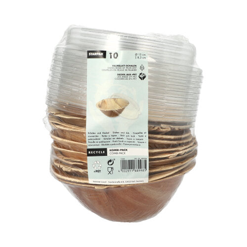 Starpak 10 kulhoa, palmulehti ja rPET-kansi "yhdistelmäpakkaus": Ympäristöystävällinen kertakäyttöisten kulhojen setti kierrätetystä PET-kannesta. Etiketit edessä näyttävät kierrätyssymbolit ja tuotetiedot.
