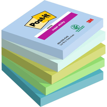Pino Post-it® Super Sticky Notes -muistilappuja (76 mm x 76 mm, 90 arkkia/lohko, 100% PEFC) 3M Deutschland GmbH:lta eri sinisen ja vihreän sävyissä, Post-it- ja 3M-logot ylimmässä lohkossa.