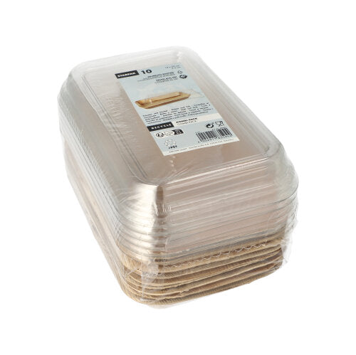 Starpak 10 kulhoa, palmulehti ja rPET-kansi "yhdistelmäpakkaus" kertakäyttökulhot on pakattu yhteen ja kääritty muovikalvoon yksinkertaisella valkoisella taustalla. Yläosassa on Starpak-merkin tuote-etiketti.