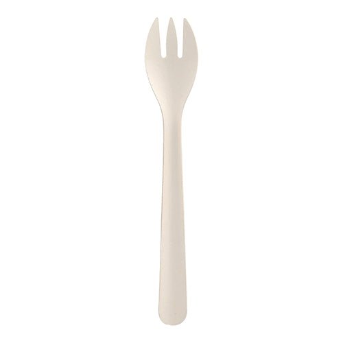 Yksittäinen yksinkertainen valkoinen PAPSTAR paperihaarukka „pure“ (18,2 cm), 50 kappaleen pakkauksesta PAPSTAR GmbH:lta, on valokuvattu valkoisella taustalla.