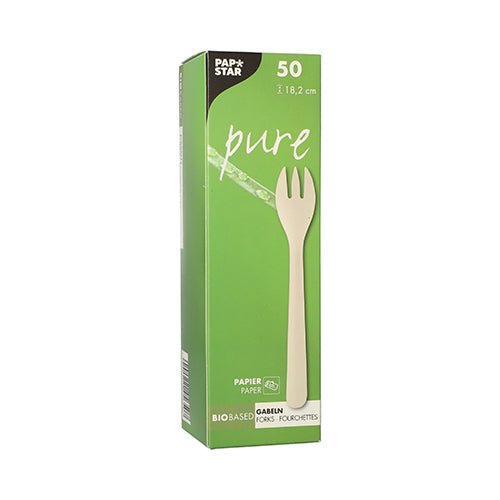Valkoinen, suorakulmainen laatikko, jossa on PAPSTAR 50 haarukkaa, paperi „pure“ 18,2 cm valkoinen PAPSTAR GmbH:lta, näyttää etupuolella yksittäisen haarukan kuvan, ylhäällä „50“ ja „18,2 cm“ ja alla tuotetiedot.