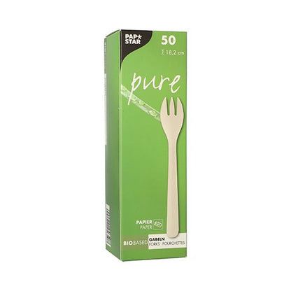 Valkoinen, suorakulmainen laatikko, jossa on PAPSTAR 50 haarukkaa, paperi „pure“ 18,2 cm valkoinen PAPSTAR GmbH:lta, näyttää etupuolella yksittäisen haarukan kuvan, ylhäällä „50“ ja „18,2 cm“ ja alla tuotetiedot.