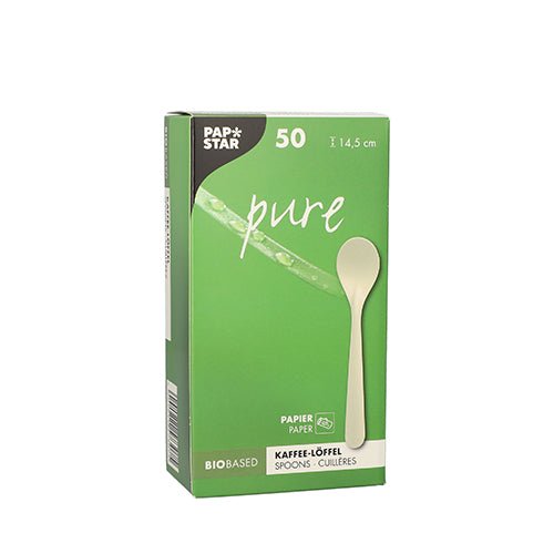 Valkoinen laatikko, jossa on teksti "PAPSTAR pure", sisältää 50 kestävää kahvilusikkaa paperista, jokainen 14,5 cm pitkä. PAPSTAR GmbH:n taitettava laatikko tarjoaa ympäristöystävällisen vaihtoehdon kahvinautintoon.