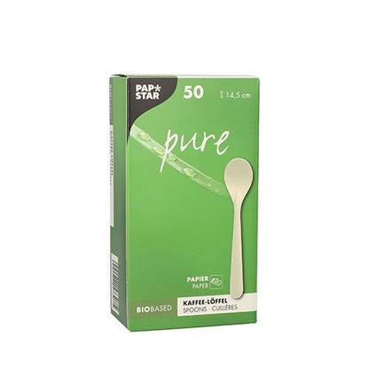 Valkoinen laatikko, jossa on teksti "PAPSTAR pure", sisältää 50 kestävää kahvilusikkaa paperista, jokainen 14,5 cm pitkä. PAPSTAR GmbH:n taitettava laatikko tarjoaa ympäristöystävällisen vaihtoehdon kahvinautintoon.