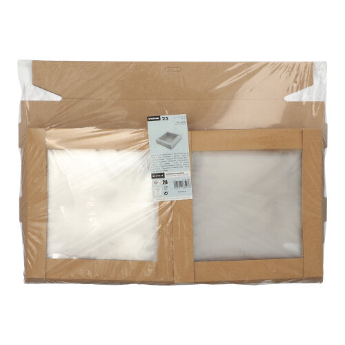 Eine Packung mit 25 Starpak eckig braunen Transport- und Catering-Kartons aus Pappe mit separatem Deckel und PET-Sichtfenster – praktische Verpackungslösung, ideal für Transport und Catering.