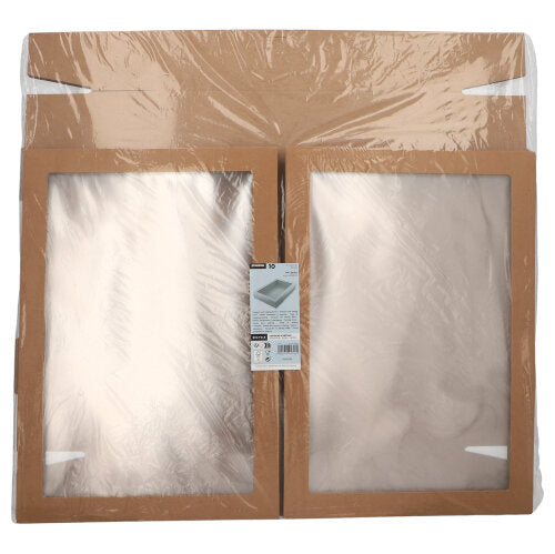 Zusammen kommen zwei rechteckige Transport- und Catering-Kartons Starpak 10 aus stabiler brauner Pappe, jeweils mit separatem Deckel und PET-Sichtfenster, ähnlich wie Backbleche verpackt in Klarsichtfolie mit mittiger Produktinfo-Einlage.