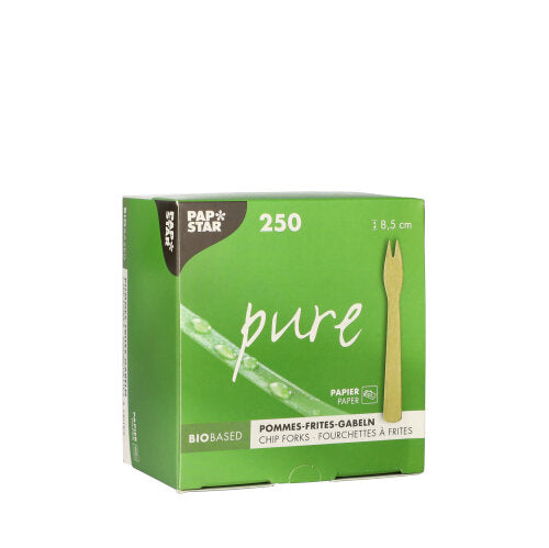 Ruskea „pure“-laatikko PAPSTAR GmbH:ltä sisältää 250 biologisesti hajoavaa ranskanperunatikun haarukkaa, jotka on valmistettu paperista ja joiden pituus on 8,5 cm. Pakkaus korostaa ympäristöystävällistä paperipohjaista muotoiluaan.