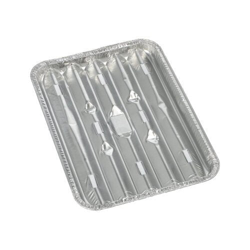 Kuva näyttää suorakaiteen muotoisen kertakäyttöisen alumiinivuoan (1,4 x 16,3 x 22,7 cm) Starpakilta, 10 grillivuokaa, joissa on kohotetut kylkiluut ja aaltoileva reuna kestävästä foliosta valkoisella pohjalla. Pakkaus sisältää 10 kappaletta.