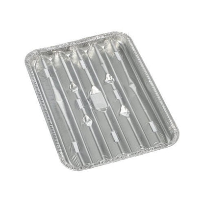 Kuva näyttää suorakaiteen muotoisen kertakäyttöisen alumiinivuoan (1,4 x 16,3 x 22,7 cm) Starpakilta, 10 grillivuokaa, joissa on kohotetut kylkiluut ja aaltoileva reuna kestävästä foliosta valkoisella pohjalla. Pakkaus sisältää 10 kappaletta.