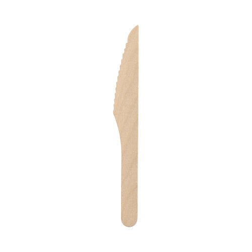 Kuvassa on PAPSTAR puuveitsi "pure" 16,5 cm, vahattu, ympäristöystävällisestä puusta valmistettu, käytännöllinen kertakäyttöveitsi kestävään käyttöön - 100 kappaletta per taitettava laatikko (Merkki: PAPSTAR GmbH).