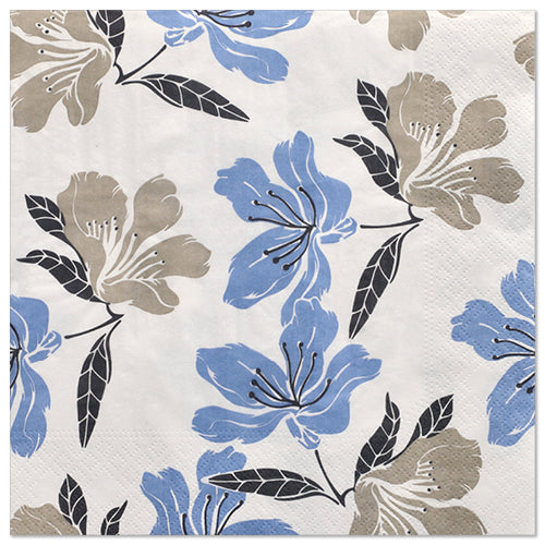 PAPSTAR 20 lautasliinaa (40 cm x 40 cm, 3-kerroksinen, 1/4-taitto) PAPSTAR GmbH:ltä, joissa on toistuva sininen-beige kukkakuvio mustilla lehdillä ja varsilla valkoisella pohjalla, tuovat eleganssia jokaiseen katettuun pöytään.