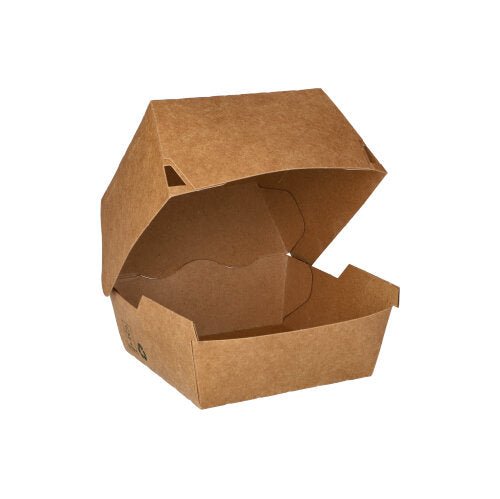 PAPSTAR 80 ruskeasta pahvista valmistettua „100% Fair“ hampurilaisrasiaa PAPSTAR GmbH:ltä ovat auki ja tyhjiä valkoisella taustalla – ihanteellinen ympäristöystävälliseksi take-away-pakkaukseksi kestävälle ravintolatoiminnalle.