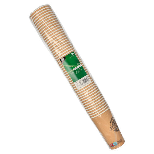 Pino 50 PAPSTAR 0,5 l pahvikuppeja PAPSTAR GmbH:lta, pakattu kirkkaaseen muoviin vihreä-valkoisella etiketillä, jossa on tuotetietoja.