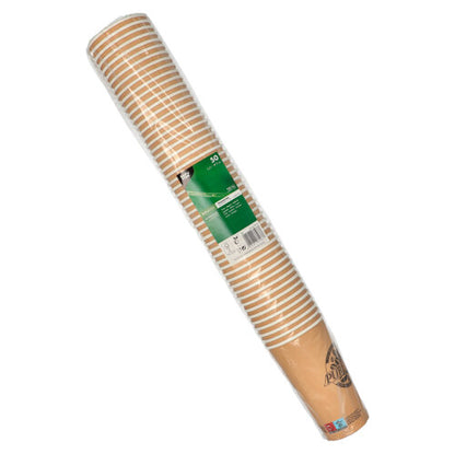 Pino 50 PAPSTAR 0,5 l pahvikuppeja PAPSTAR GmbH:lta, pakattu kirkkaaseen muoviin vihreä-valkoisella etiketillä, jossa on tuotetietoja.