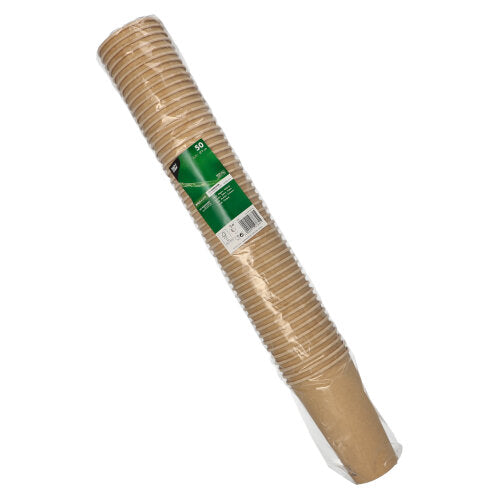 Suljettu muovipakkaus, jossa on 50 ruskeaa pahvikuppia (kukin 0,5 l) PAPSTAR GmbH:lta, vihreä-valkoisella etiketillä ja tuotetiedoilla.