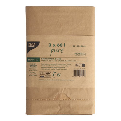 Kuvassa on 3 kappaleen pakkaus PAPSTAR paperisia kompostisäkkejä "pure", 60 l, 2-kerroksinen, ruskea vyötteellä ja painetuilla tuote-/kierrätyssymboleilla PAPSTAR GmbH valkoista taustaa vasten. Jokainen paperisäkki mahtuu jopa 60 litraa biojätettä.
