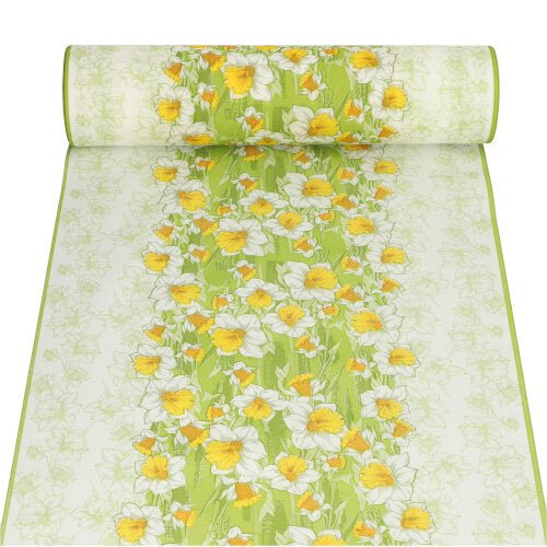 PAPSTAR Pöytäliina, kankaan kaltainen Airlaid (24 m x 40 cm) PAPSTAR GmbH:ltä vihreällä pohjalla ja kelta-valkoisilla kukilla antaa juhlaviin tilaisuuksiin raikkaan ilmeen. Tiheä kukkakuvio haihtuu kevyesti reunoja kohti.