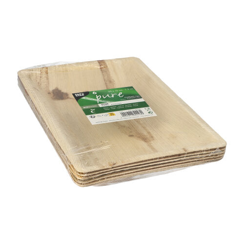 Pino PAPSTAR 6 suorakulmaista, luonnollista "pure" palmulehtilautasta PAPSTAR GmbH:lta läpinäkyvässä muovikääreessä, jossa on vihreä-valkoinen etiketti, tarjoaa kestävän astiaratkaisun ympäristötietoisiin tilaisuuksiin.