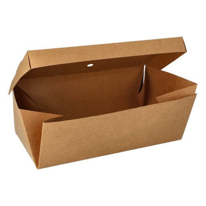 Yksinkertainen ruskea PAPSTAR 20 hampurilaisrasia, pahvia ”pure” PAPSTAR GmbH:ltä näyttää avatun kannen alla tyhjän sisällön – ympäristöystävällinen take-away-laatikko aterioillesi.