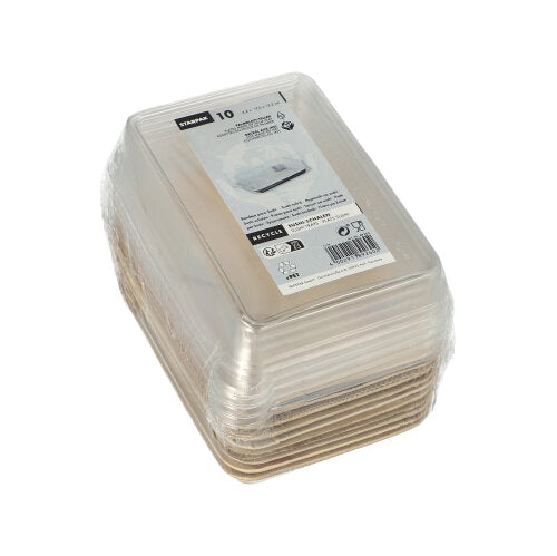 Paketti, jossa on kymmenen suorakaiteen muotoista Starpak 10 Sushi-kulhoa, palmulehtisiä elintarvikesäiliöitä ruskeana, jokaisessa läpinäkyvä rPET-kansi ("Kombipack"), kääritty muoviin ja varustettu tuotetietoetiketillä yläosassa.