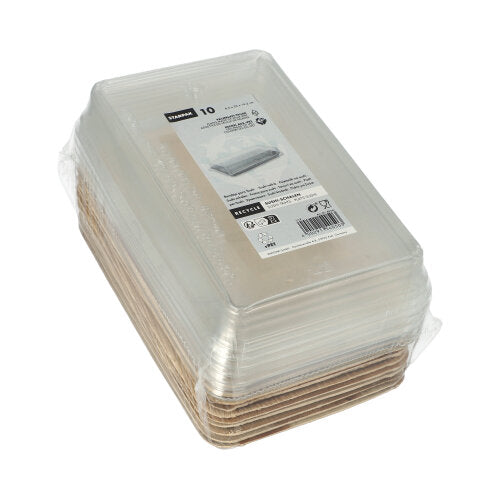 Starpak 10 Sushi-kulhoa, suorakaiteen muotoista palmulehteä, rPET-kannella "Kombipack": Kymmenen suorakaiteen muotoista palmulehtisäiliötä ruskeilla pohjilla ja rPET-kansilla, merkitty tuote- ja kierrätystiedoin – ihanteellinen tuoreille sushi-aterioille.