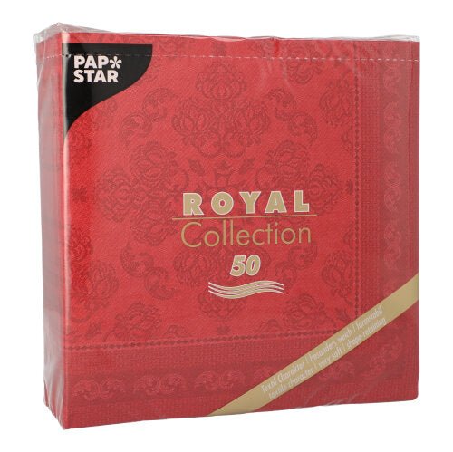 Bordeaux-värinen PAPSTAR 50 lautasliinaa ”ROYAL Collection”, 1/4-taitto (40 x 40 cm), pakkaus, jossa PAPSTAR GmbH, jossa on kulta-valkoinen teksti ja hillitty koristekuvio.