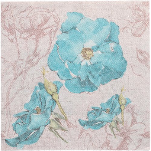 PAPSTAR 50 lautasliinaa "ROYAL Collection" 1/4-taitto 40 x 40 cm turkoosi PAPSTAR GmbH:ltä, joissa on painettu kuvio kolmesta sinisestä kukasta beigeillä ääriviivoilla vaaleanbeigellä - ihanteellinen tyylikkäästi katettuun pöytään.