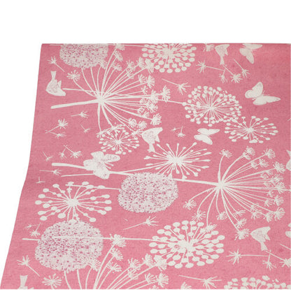 Die PAPSTAR Tischdecke der PAPSTAR GmbH (Papier, 3 m x 1,2 m) verfügt über ein rosa Design mit weißen Löwenzahnblüten, Schmetterlingen und Blumen auf einem schlichten Hintergrund für eine elegante Note.
